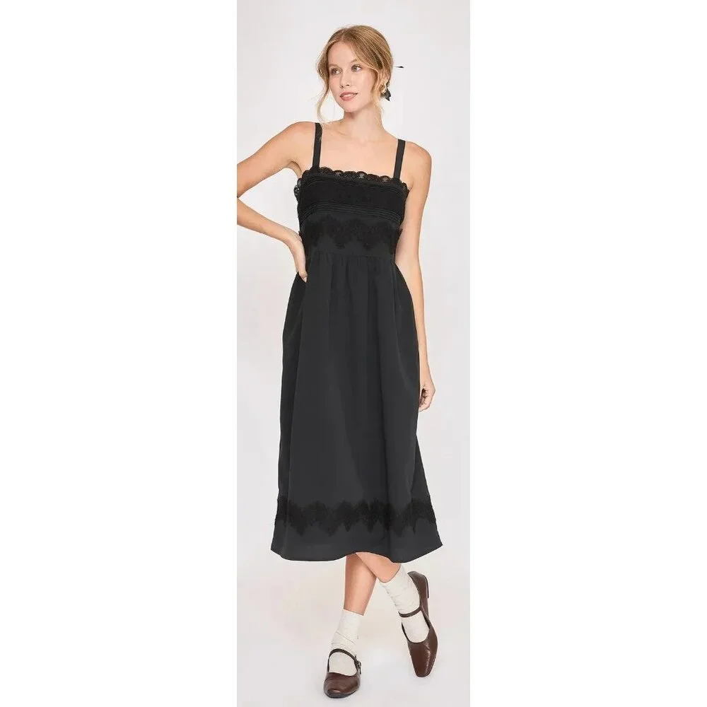 NWT Umgee Black Sleeveless Midi Dress W/ Lace Applique Size Small - Picture 3 of 6